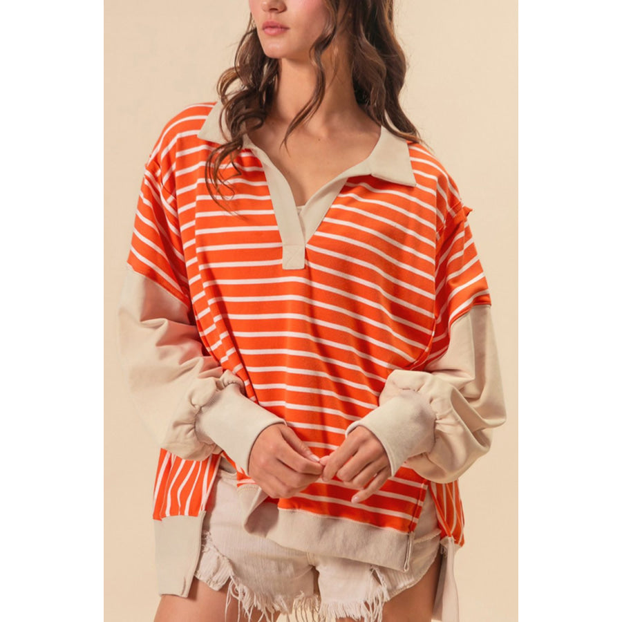 Striped Johnny Collar Long Sleeve Sweatshirt Apparel and Accessories