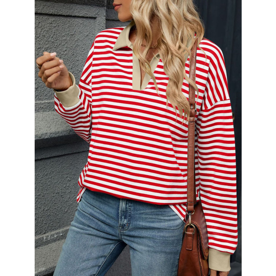 Striped Johnny Collar Long Sleeve Sweatshirt Red/White / S Apparel and Accessories