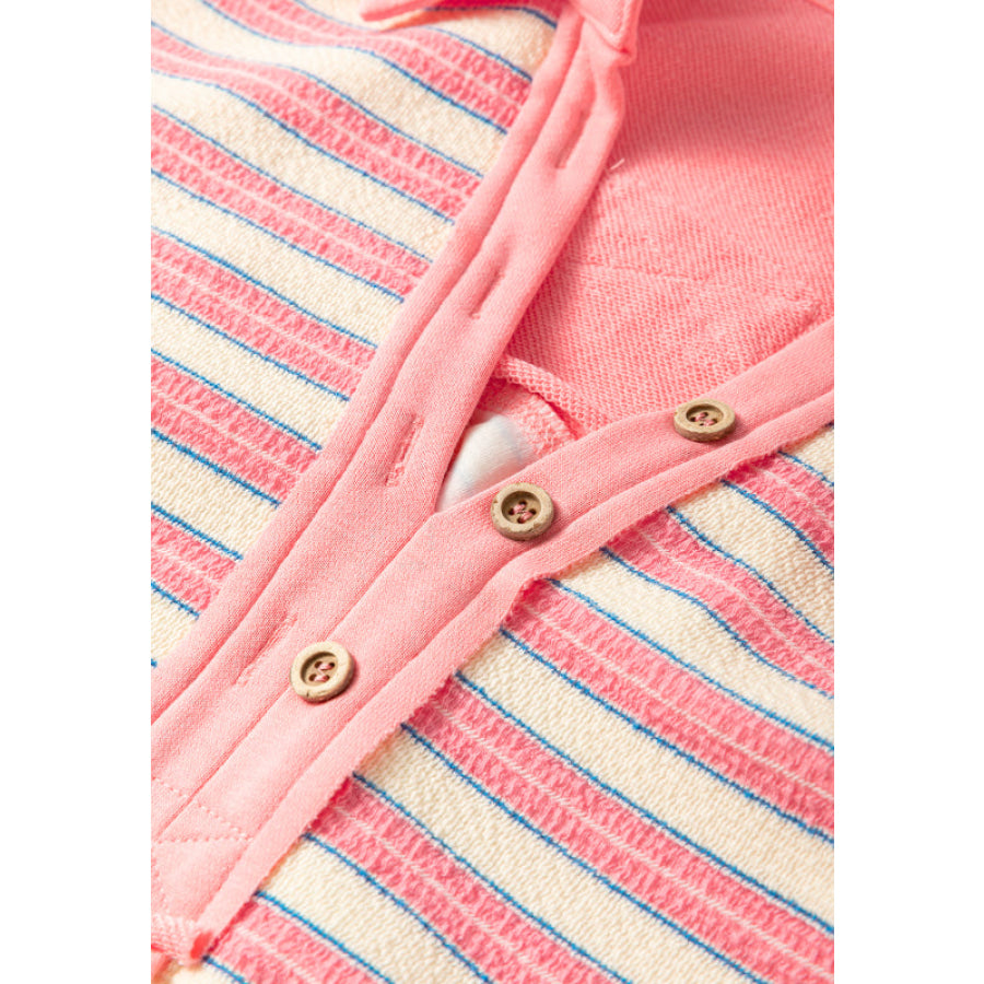 Striped Johnny Collar Long Sleeve Sweatshirt Apparel and Accessories