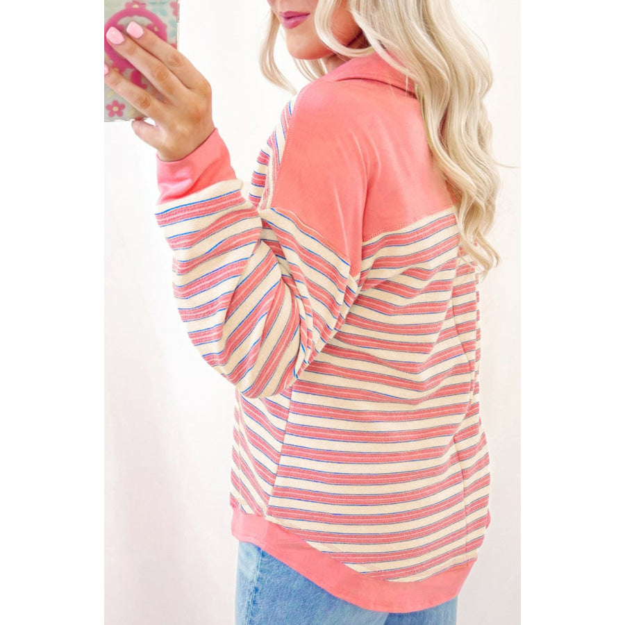 Striped Johnny Collar Long Sleeve Sweatshirt Apparel and Accessories