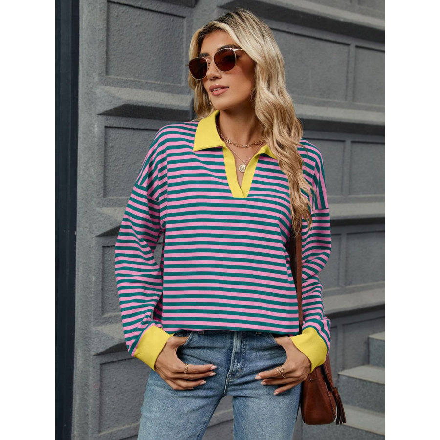 Striped Johnny Collar Long Sleeve Sweatshirt Apparel and Accessories
