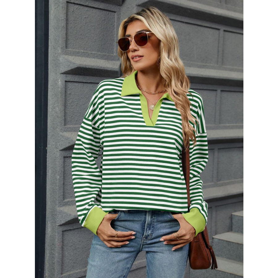 Striped Johnny Collar Long Sleeve Sweatshirt Apparel and Accessories