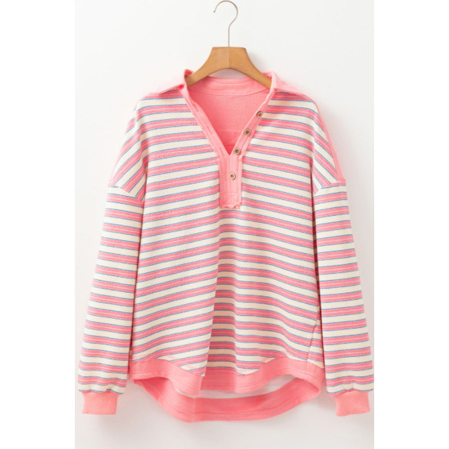 Striped Johnny Collar Long Sleeve Sweatshirt Apparel and Accessories