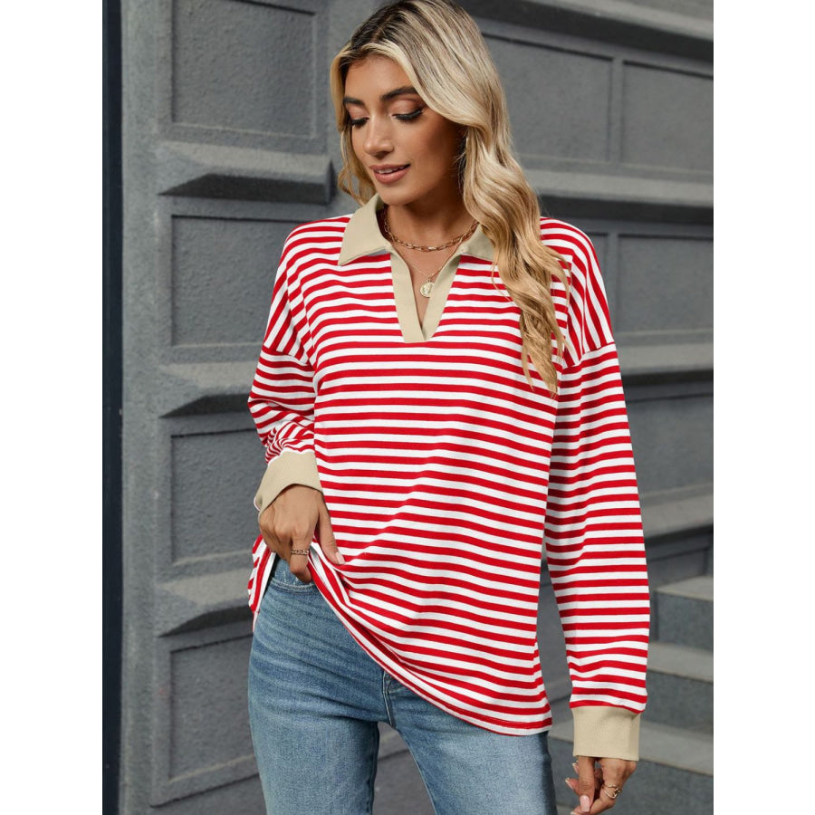 Striped Johnny Collar Long Sleeve Sweatshirt Apparel and Accessories