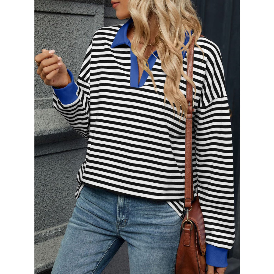 Striped Johnny Collar Long Sleeve Sweatshirt Blue/White / S Apparel and Accessories
