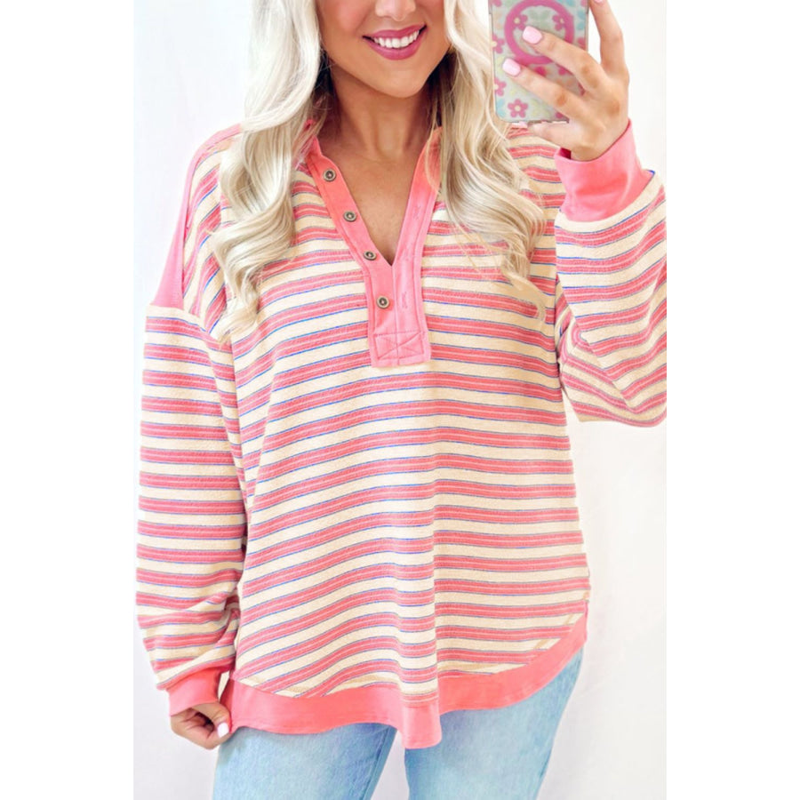 Striped Johnny Collar Long Sleeve Sweatshirt Blush Pink / S Apparel and Accessories