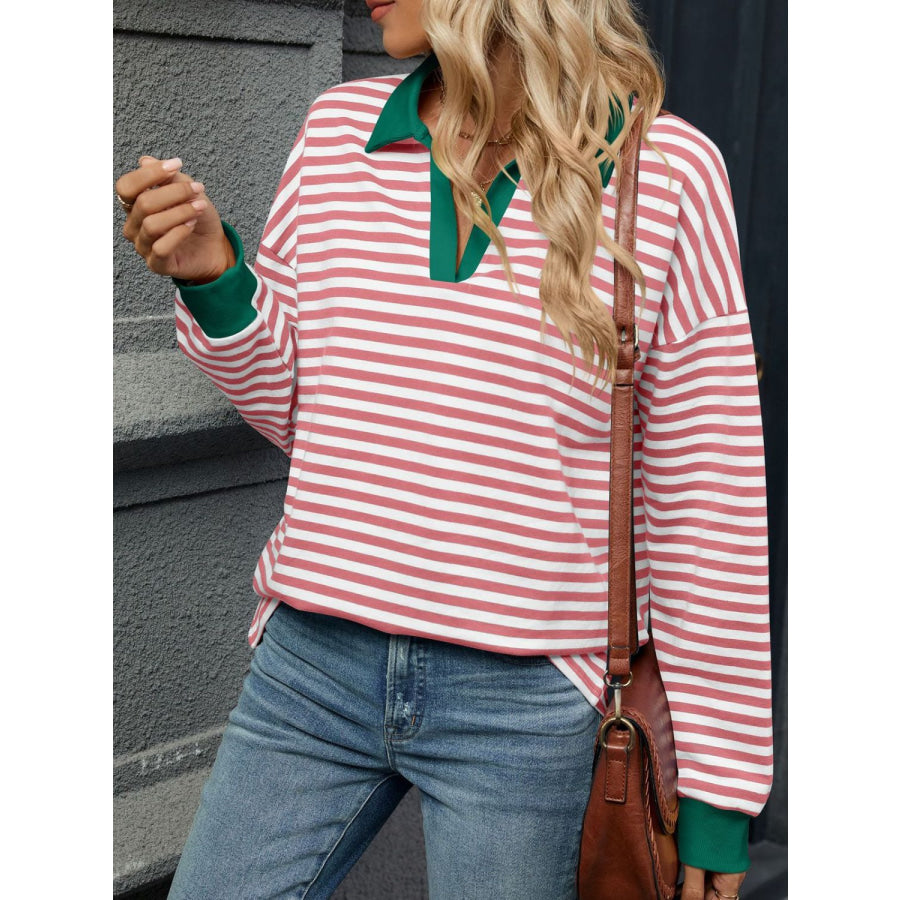 Striped Johnny Collar Long Sleeve Sweatshirt Burnt Coral / S Apparel and Accessories
