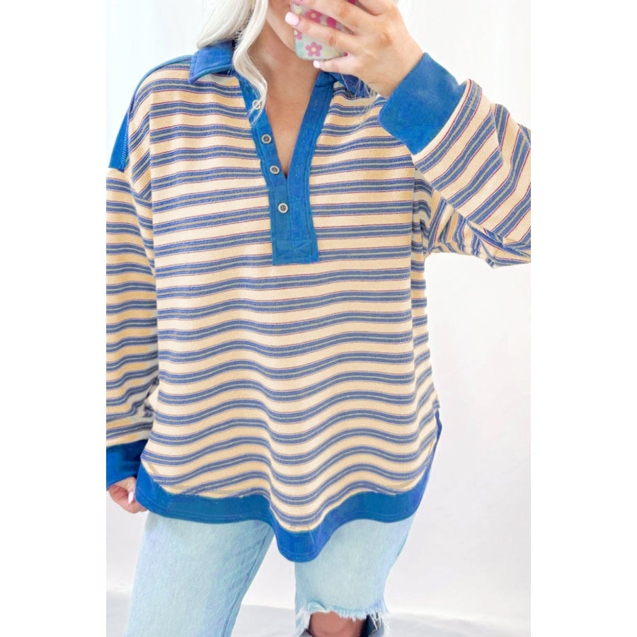 Striped Johnny Collar Long Sleeve Sweatshirt Dusty Blue / S Apparel and Accessories