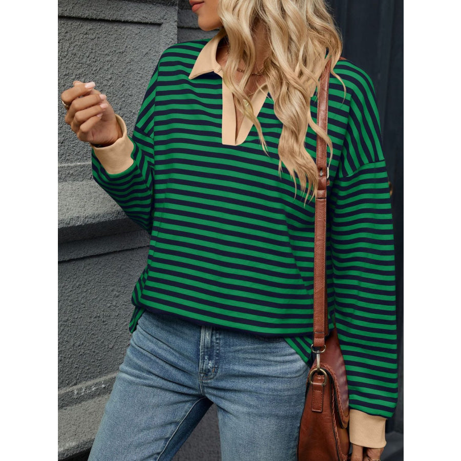 Striped Johnny Collar Long Sleeve Sweatshirt Green/Black / S Apparel and Accessories