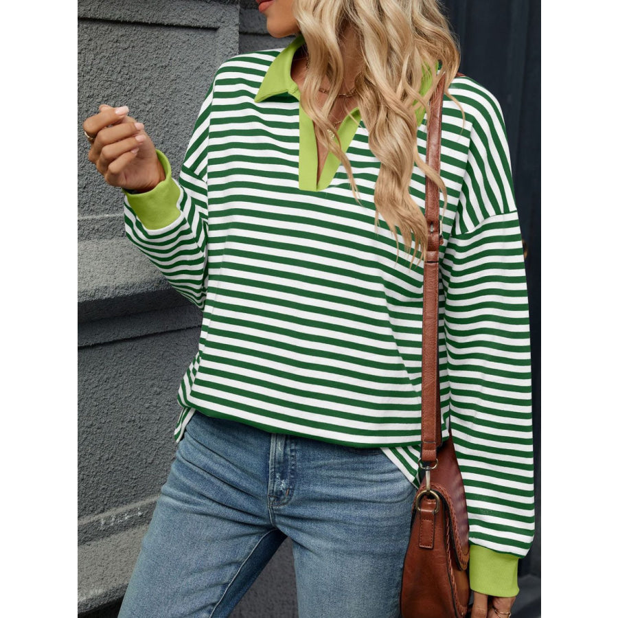 Striped Johnny Collar Long Sleeve Sweatshirt Green/White / S Apparel and Accessories