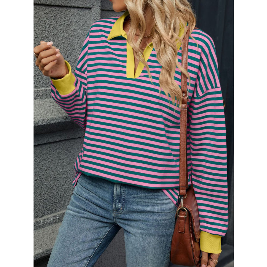 Striped Johnny Collar Long Sleeve Sweatshirt Pink/Green / S Apparel and Accessories