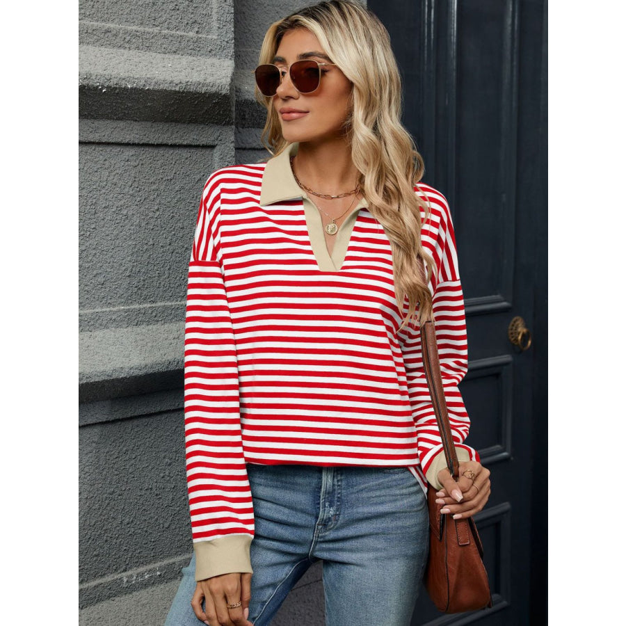 Striped Johnny Collar Long Sleeve Sweatshirt Red/White / S Apparel and Accessories