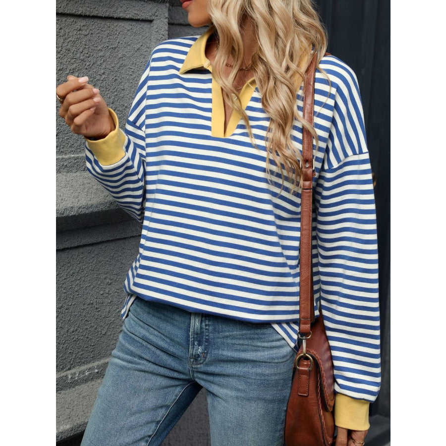 Striped Johnny Collar Long Sleeve Sweatshirt Sky Blue / S Apparel and Accessories