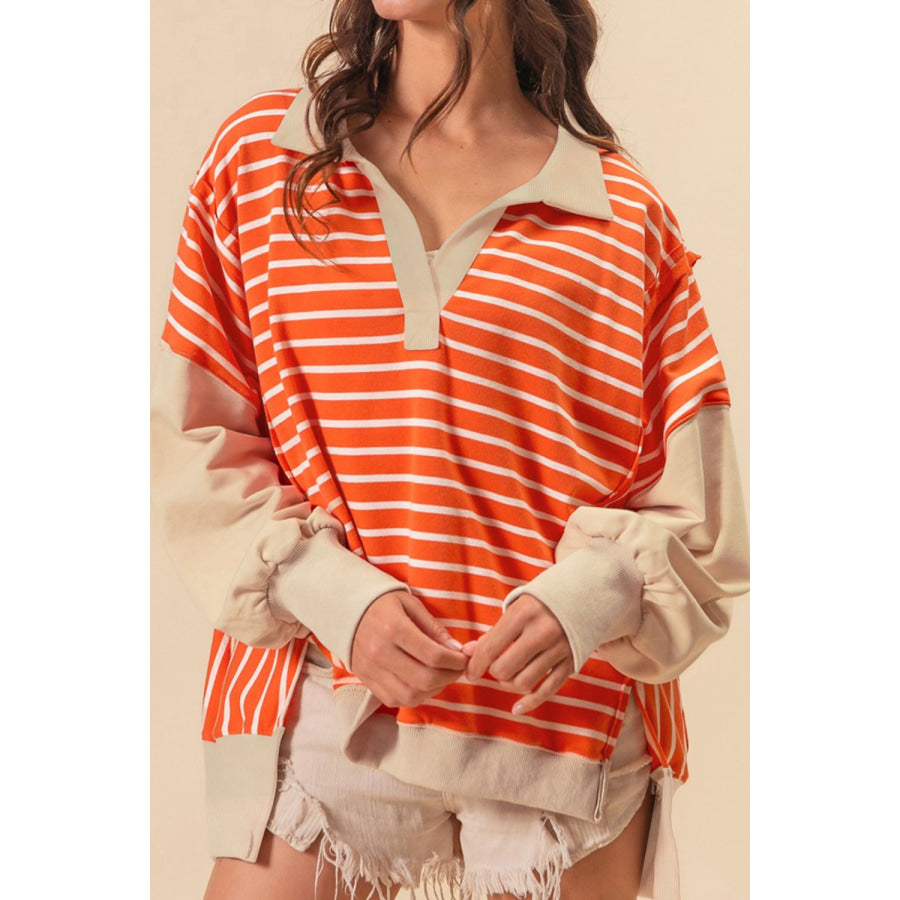 Striped Johnny Collar Long Sleeve Sweatshirt Tangerine / S Apparel and Accessories