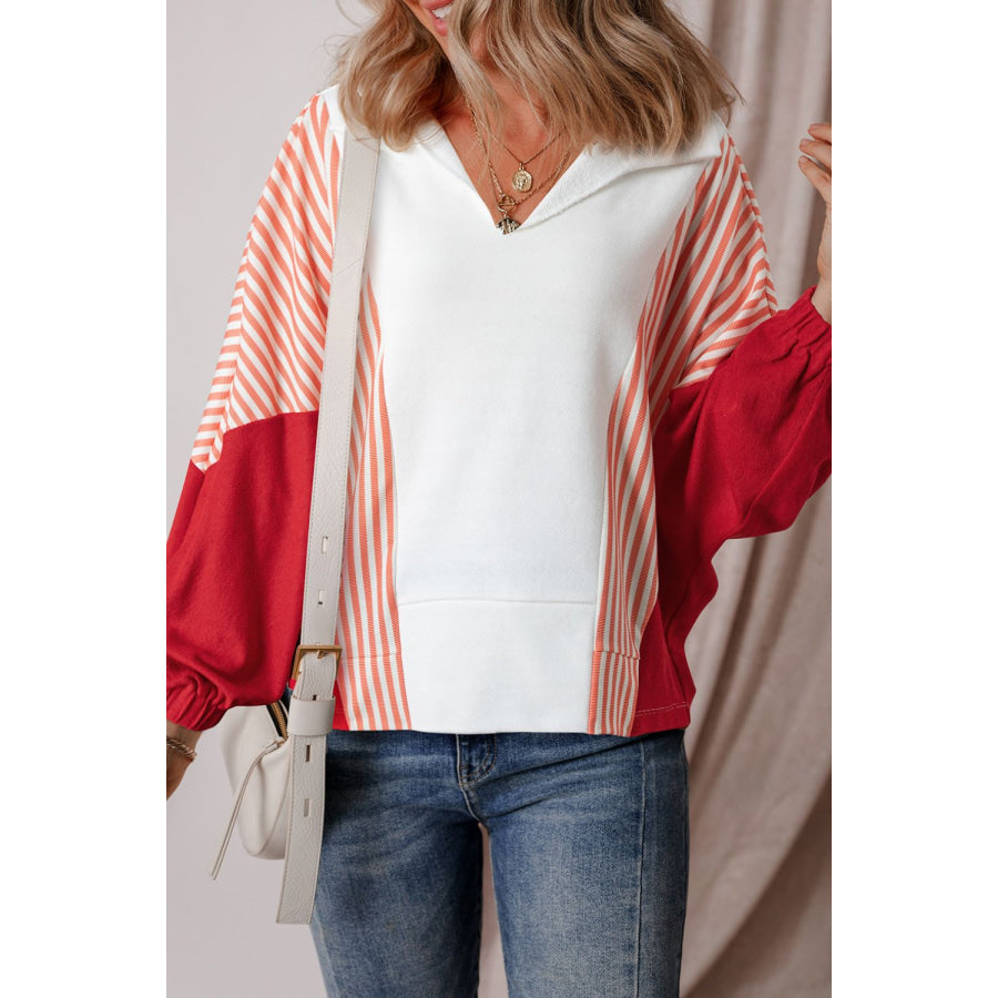 Striped Johnny Collar Long Sleeve Sweatshirt White / S Apparel and Accessories