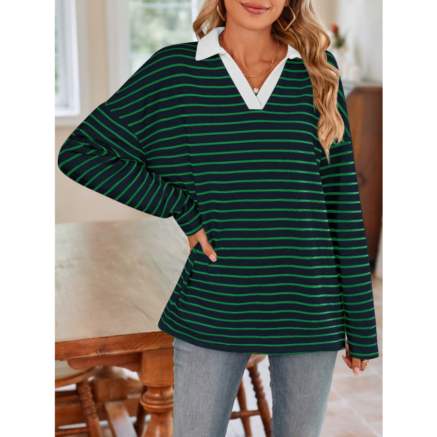 Striped Johnny Collar Long Sleeve T-Shirt Apparel and Accessories