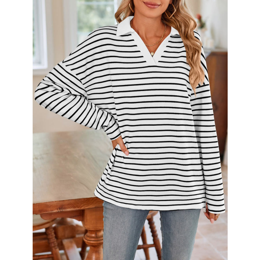 Striped Johnny Collar Long Sleeve T-Shirt Apparel and Accessories