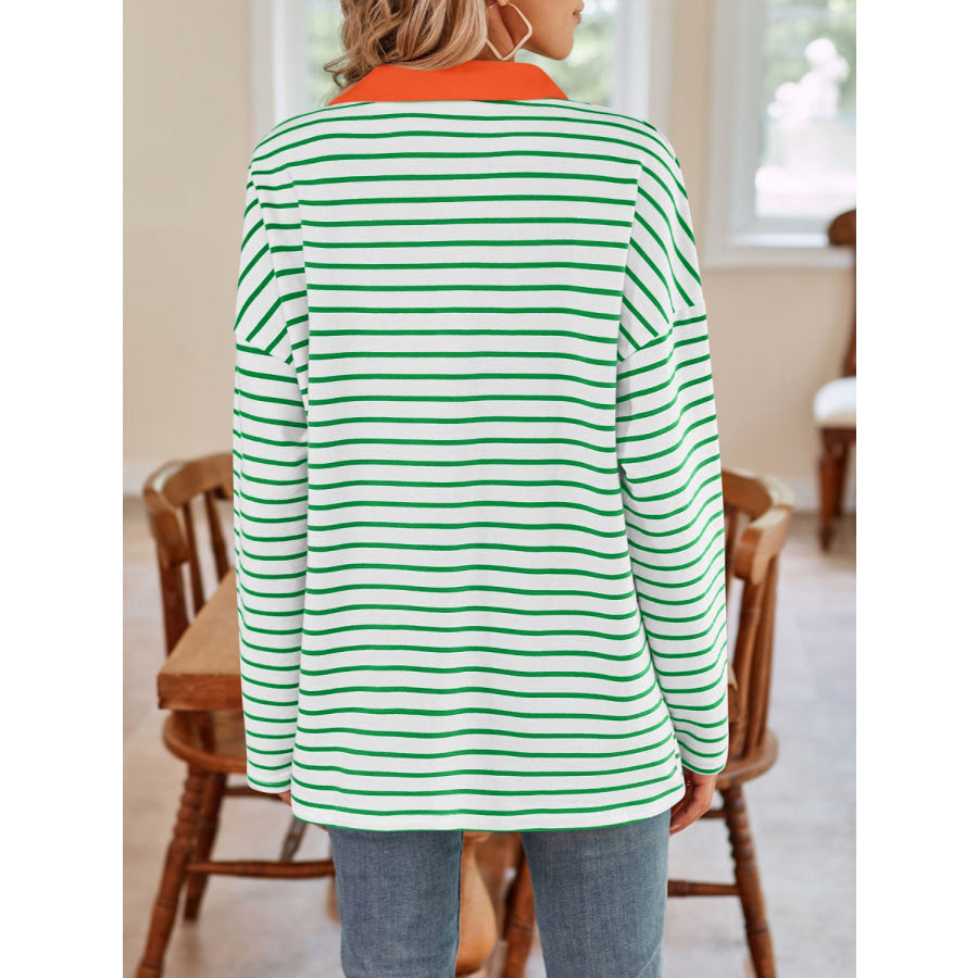 Striped Johnny Collar Long Sleeve T-Shirt Apparel and Accessories