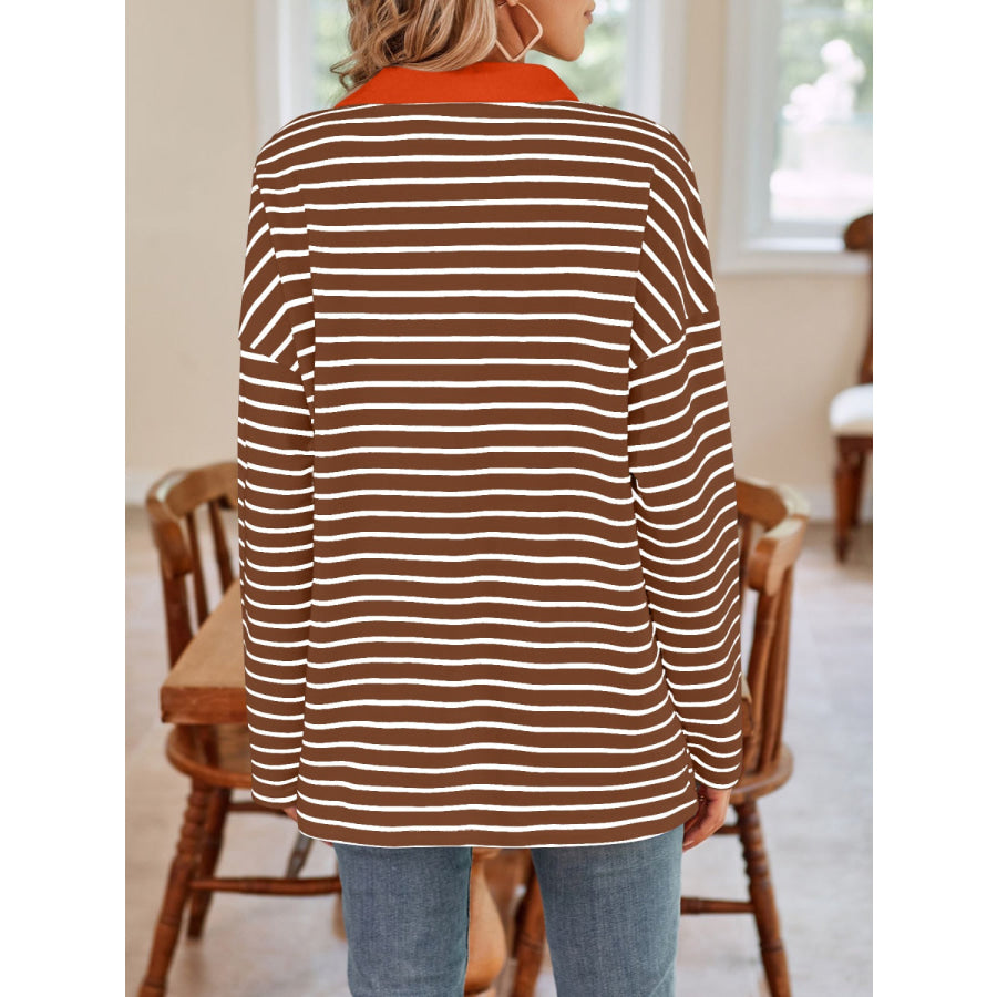 Striped Johnny Collar Long Sleeve T-Shirt Apparel and Accessories