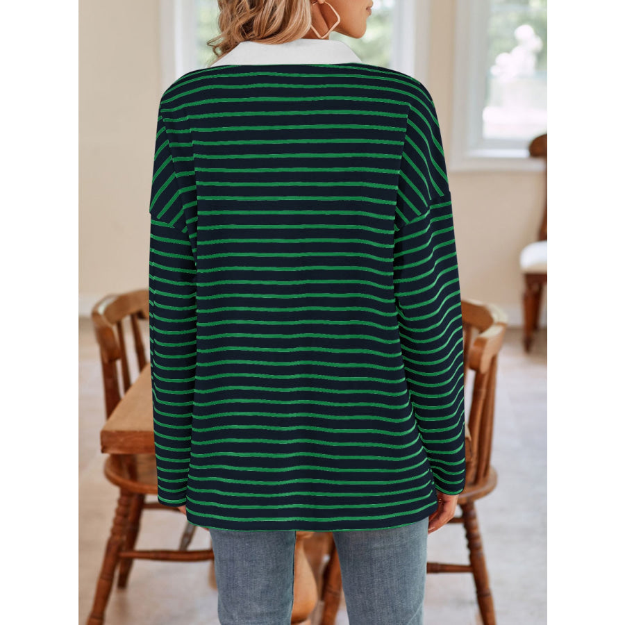 Striped Johnny Collar Long Sleeve T-Shirt Apparel and Accessories