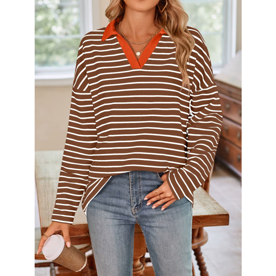 Striped Johnny Collar Long Sleeve T-Shirt Apparel and Accessories