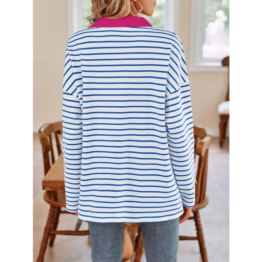 Striped Johnny Collar Long Sleeve T-Shirt Apparel and Accessories