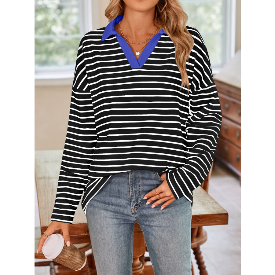 Striped Johnny Collar Long Sleeve T-Shirt Apparel and Accessories