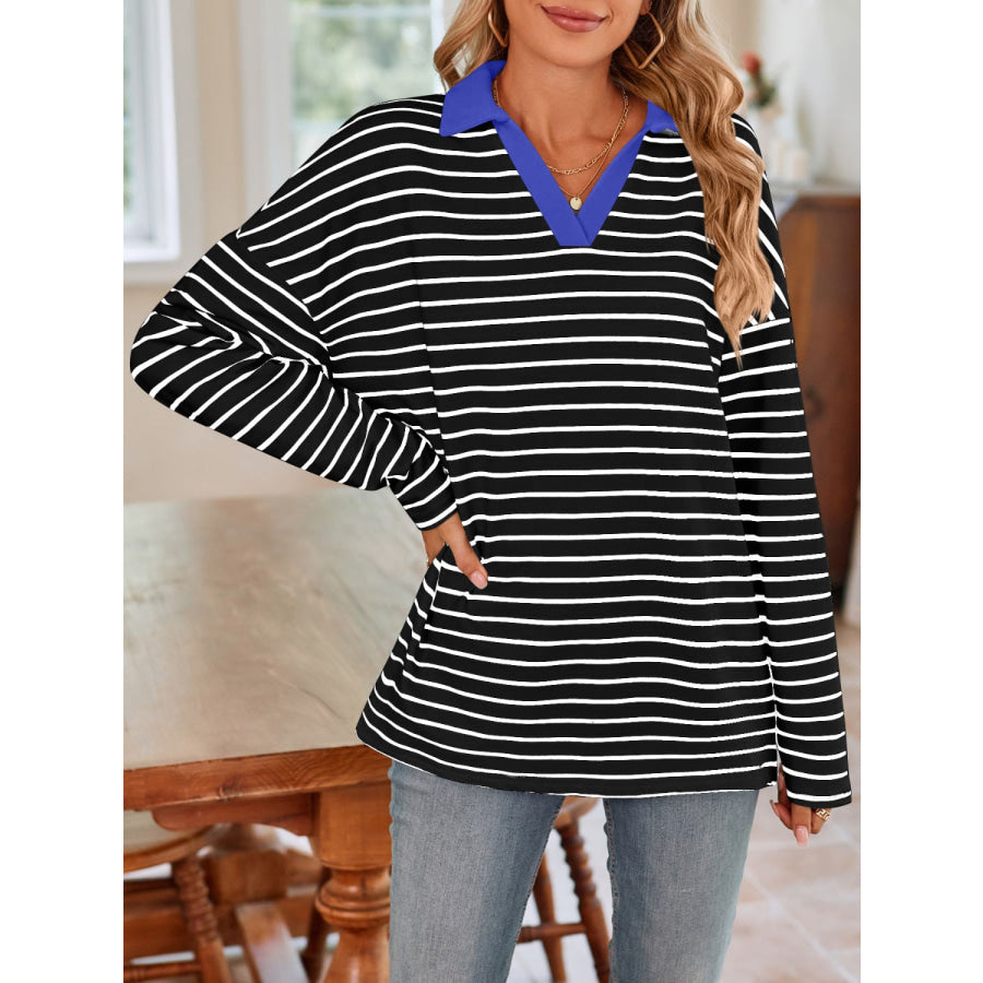 Striped Johnny Collar Long Sleeve T-Shirt Apparel and Accessories