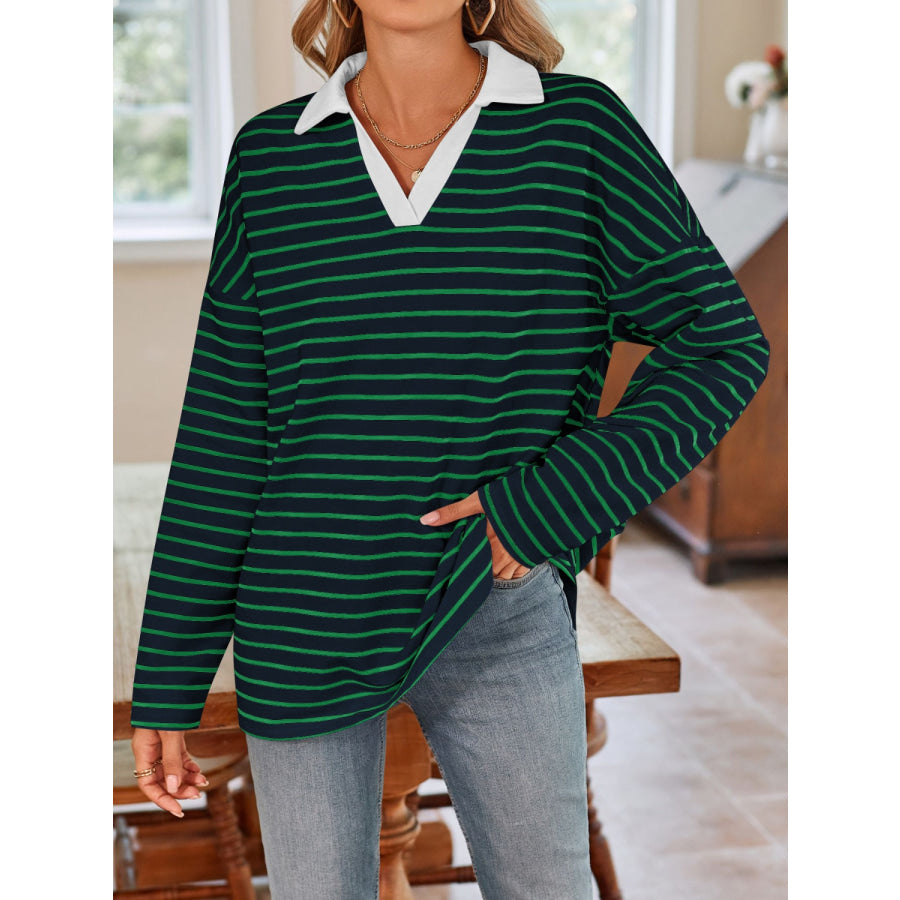 Striped Johnny Collar Long Sleeve T-Shirt Apparel and Accessories