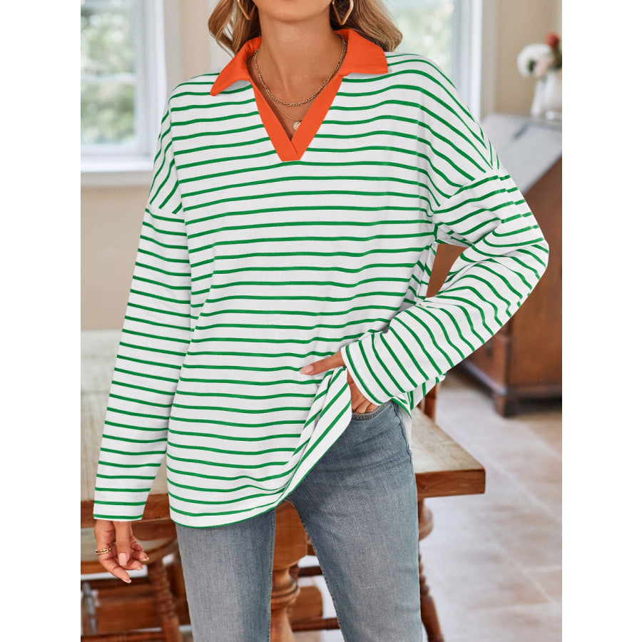 Striped Johnny Collar Long Sleeve T-Shirt Apparel and Accessories