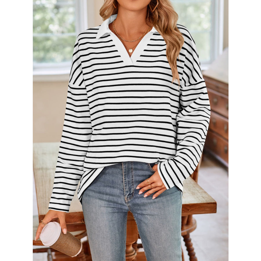 Striped Johnny Collar Long Sleeve T-Shirt Apparel and Accessories