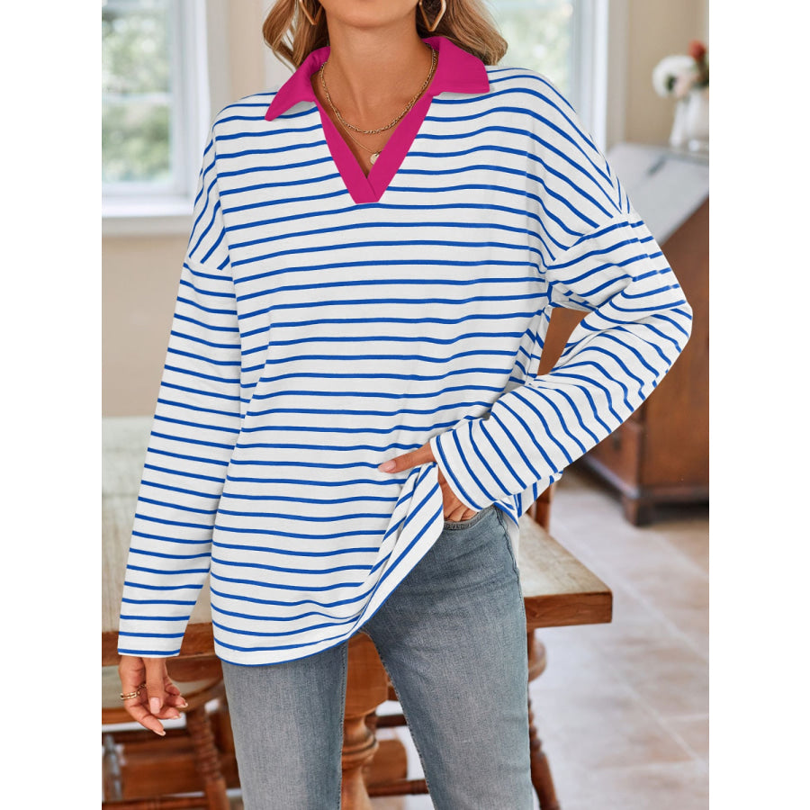 Striped Johnny Collar Long Sleeve T-Shirt Apparel and Accessories