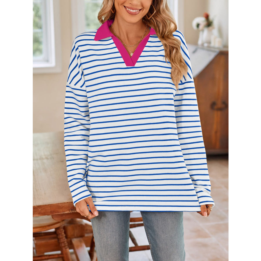 Striped Johnny Collar Long Sleeve T-Shirt Apparel and Accessories