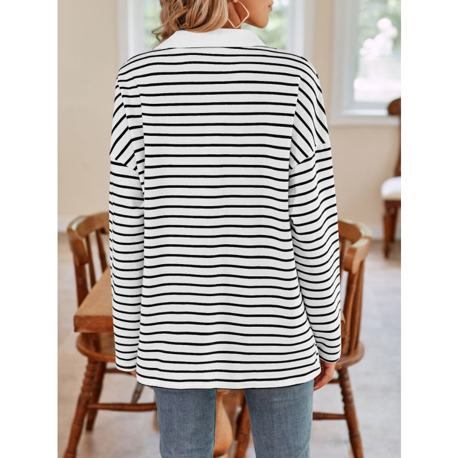 Striped Johnny Collar Long Sleeve T-Shirt Apparel and Accessories