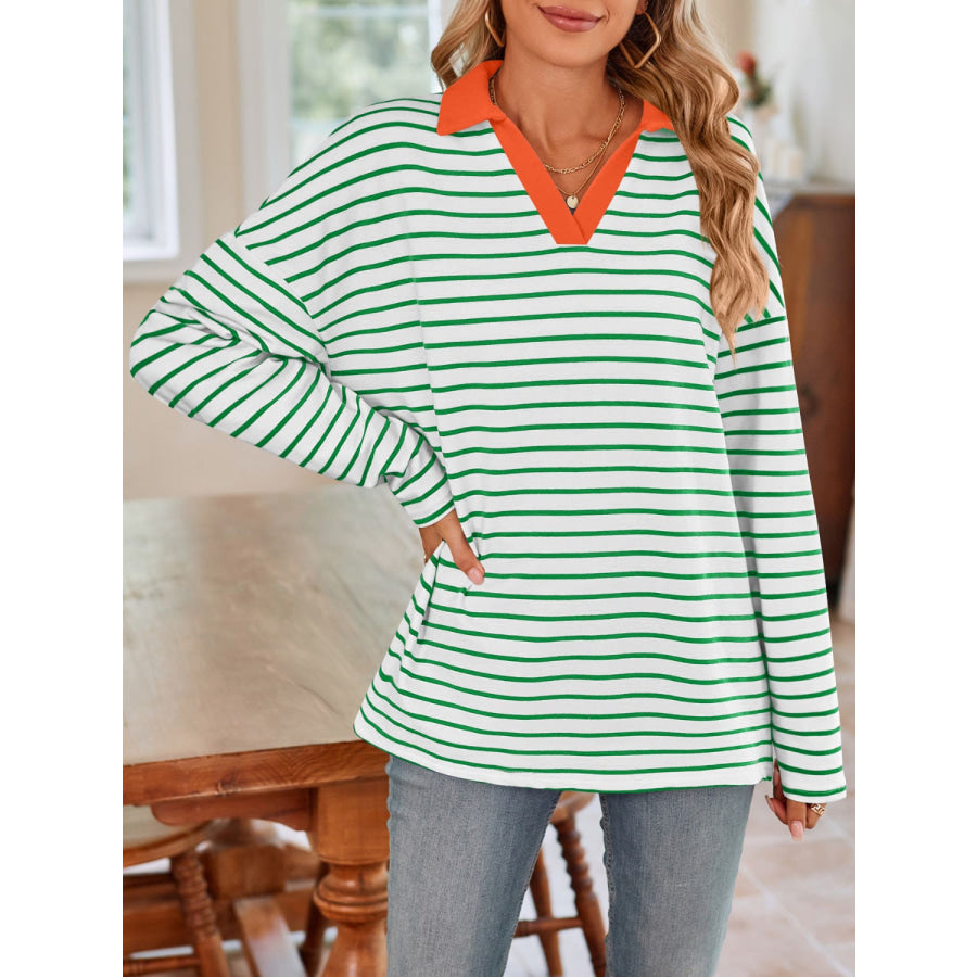 Striped Johnny Collar Long Sleeve T-Shirt Apparel and Accessories