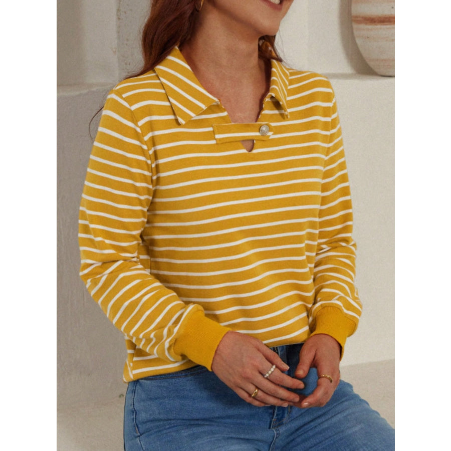 Striped Johnny Collar Long Sleeve T-Shirt Apparel and Accessories