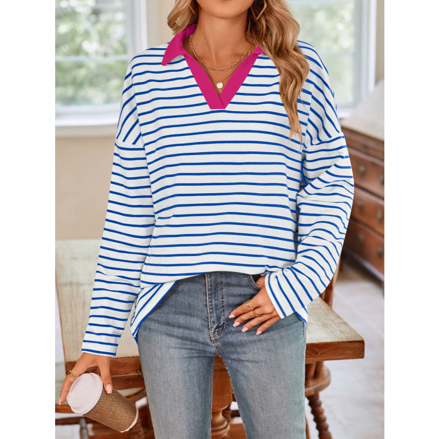 Striped Johnny Collar Long Sleeve T-Shirt Apparel and Accessories