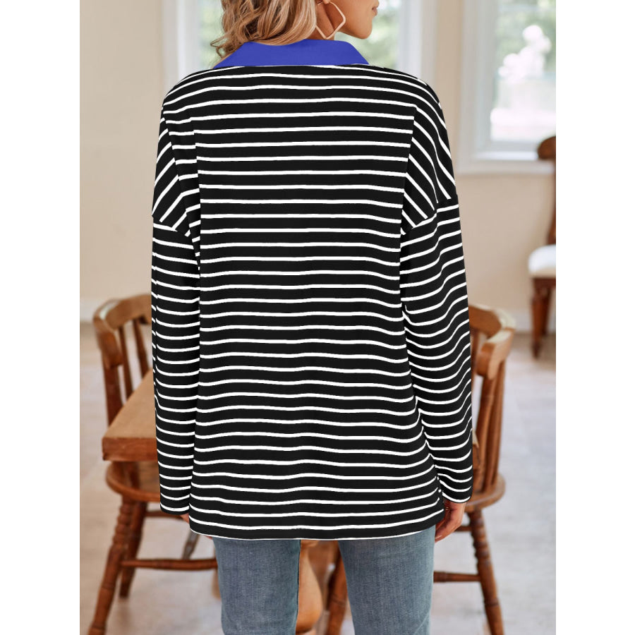 Striped Johnny Collar Long Sleeve T-Shirt Apparel and Accessories