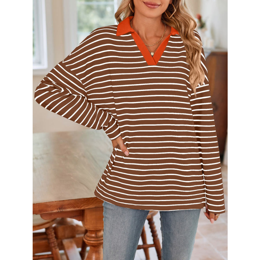 Striped Johnny Collar Long Sleeve T-Shirt Apparel and Accessories