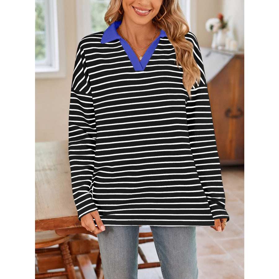 Striped Johnny Collar Long Sleeve T-Shirt Apparel and Accessories