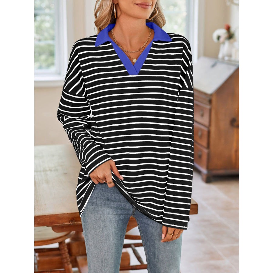 Striped Johnny Collar Long Sleeve T-Shirt Apparel and Accessories