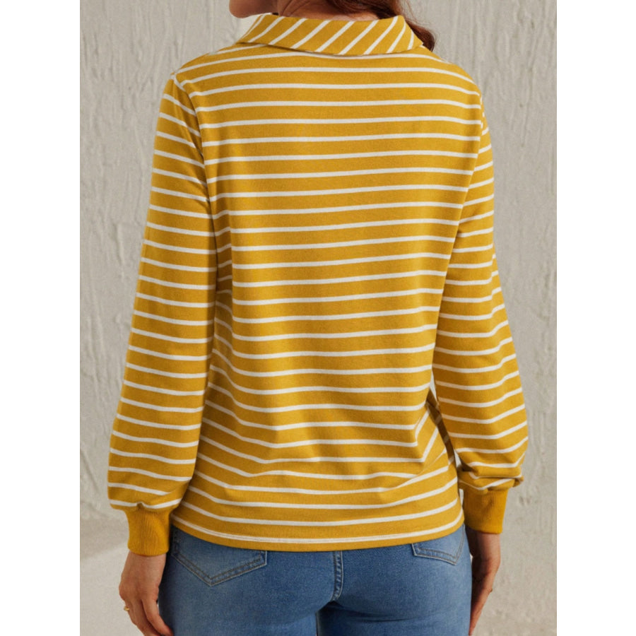 Striped Johnny Collar Long Sleeve T-Shirt Apparel and Accessories