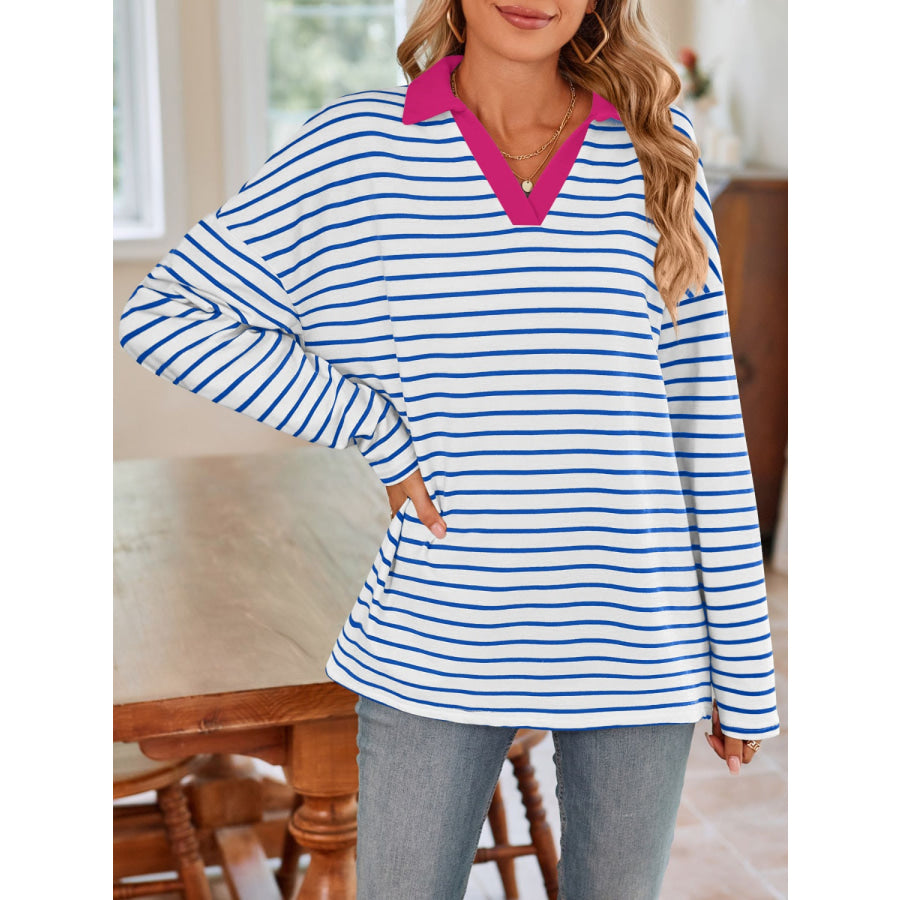 Striped Johnny Collar Long Sleeve T-Shirt Apparel and Accessories