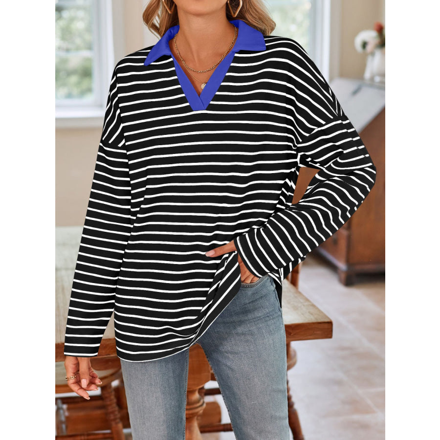 Striped Johnny Collar Long Sleeve T-Shirt Black / S Apparel and Accessories