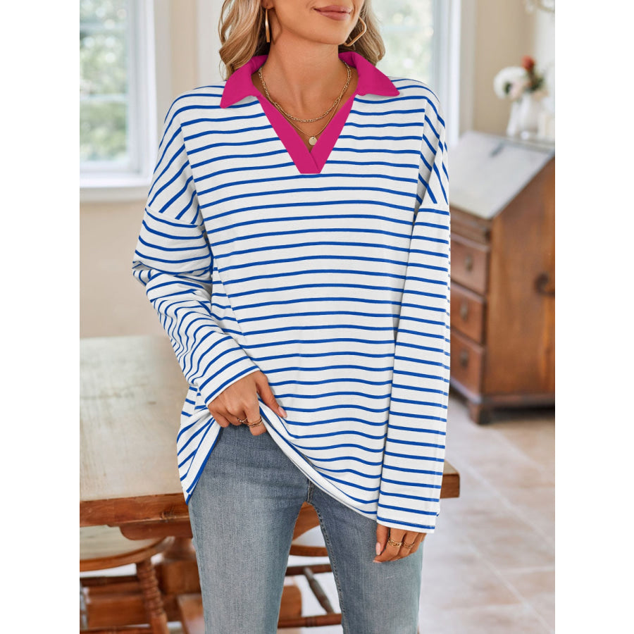 Striped Johnny Collar Long Sleeve T-Shirt Blue / S Apparel and Accessories