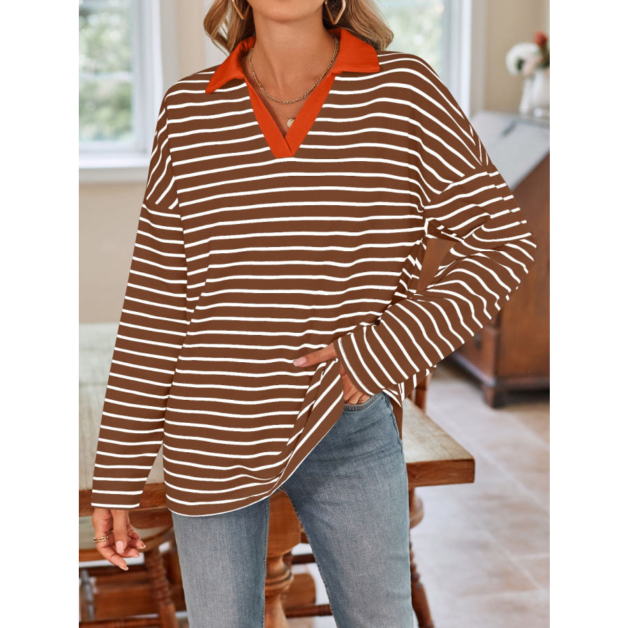 Striped Johnny Collar Long Sleeve T-Shirt Brown / S Apparel and Accessories