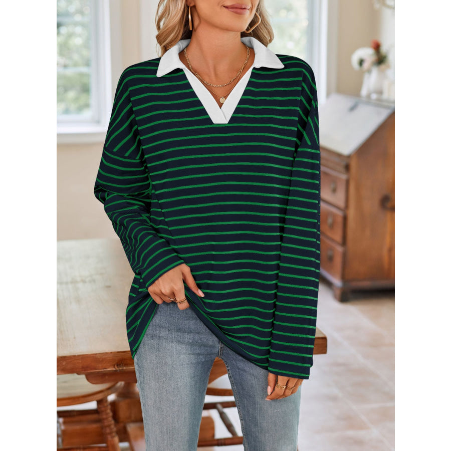 Striped Johnny Collar Long Sleeve T-Shirt Dark Green / S Apparel and Accessories