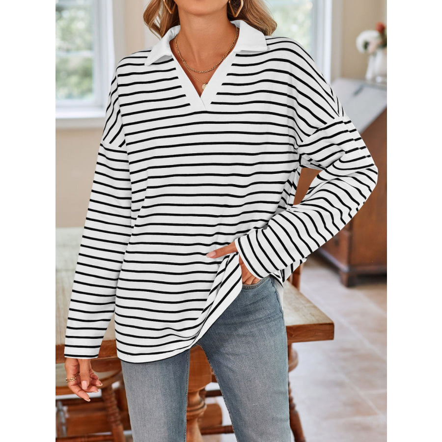 Striped Johnny Collar Long Sleeve T-Shirt White / S Apparel and Accessories