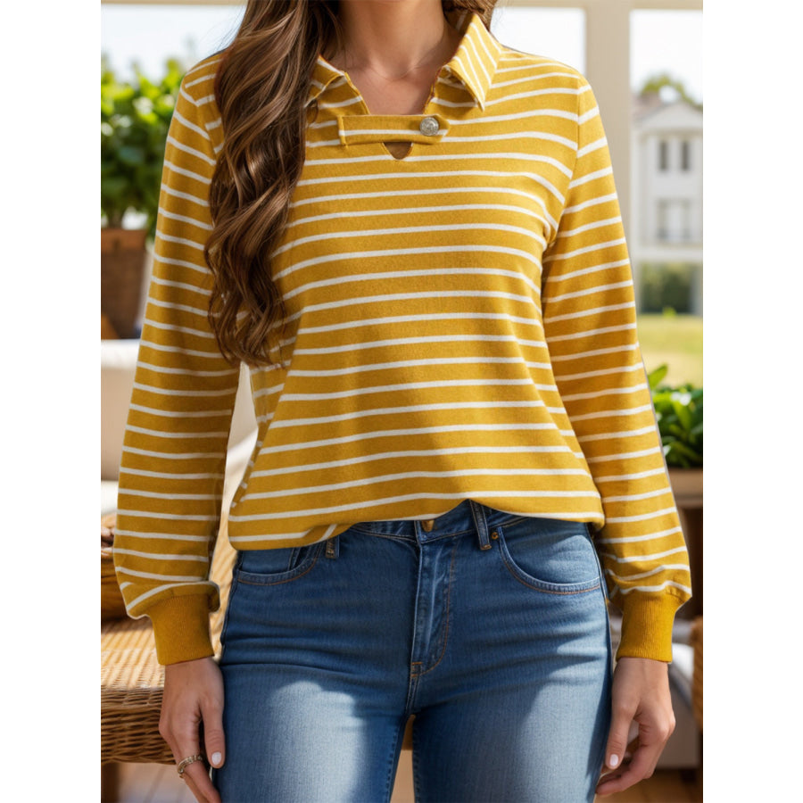 Striped Johnny Collar Long Sleeve T-Shirt Yellow / S Apparel and Accessories