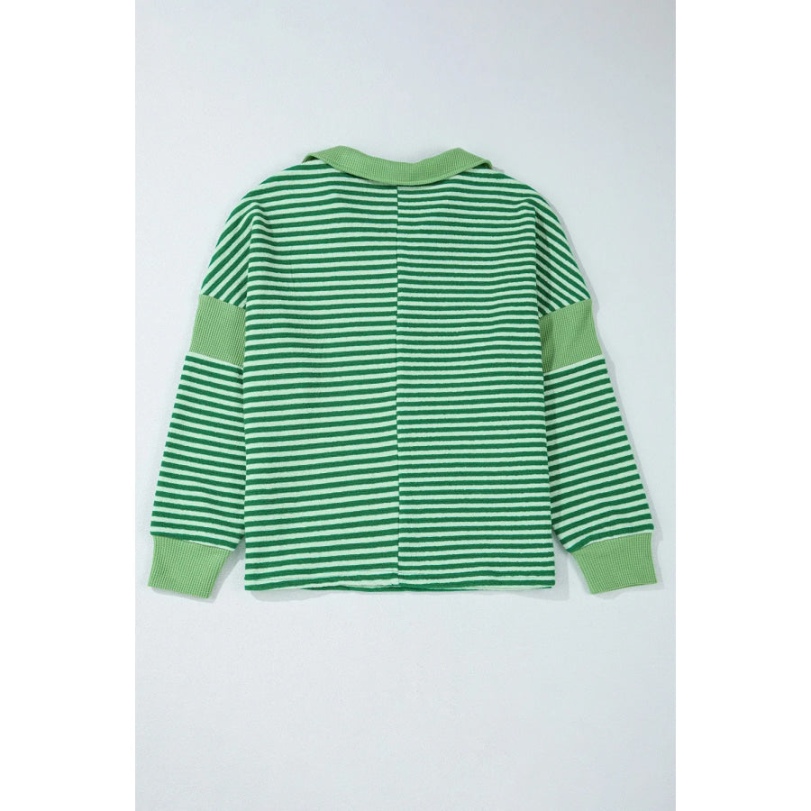 Striped Johnny Collar Long Sleeve Top Apparel and Accessories